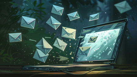 Digital illustration of a laptop with envelopes flying out representing email marketing spam and online advertisements