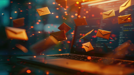 Envelopes flying out from a laptop screen symbolizing the dynamic world of digital marketing email campaigns and spam