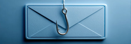 A fishing hook hangs from a blue envelope resting on a textured surface creating a striking visual metaphor about communication and allure