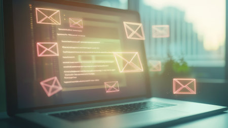 Clean and simple email list interface on a laptop screen with geometric envelopes ideal for illustrating efficient organization Stock Photo