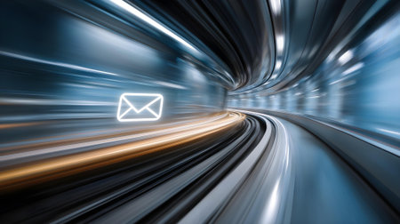 Abstract motion blur of high speed train moving through tunnel with email symbol ai generated