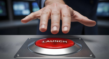 A close up of a man s hand hovering over a large red launch button on a metal console the background is a blurry control room with monitors creating a sense of anticipation decision making and the initiation of a significant event or project Stock Photo