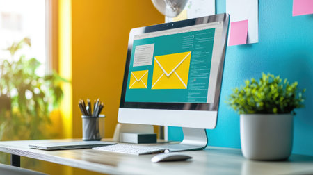 Modern workspace with email marketing tools displayed on a screen vibrant colors highlighting growth strategies and creativity