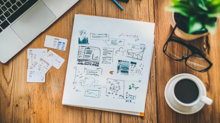 Notebook with mind map laptop and flashcards arranged neatly on a wooden table for studying Stock Photo