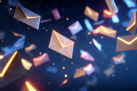 Envelopes of various colors appear to float in a dark space illuminated with a soft glow symbolizing messages being sent and received in a digital world