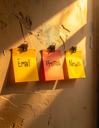 A warm beam of morning sunlight illuminates three colorful sticky notes clipped to a textured wall Stock Photo