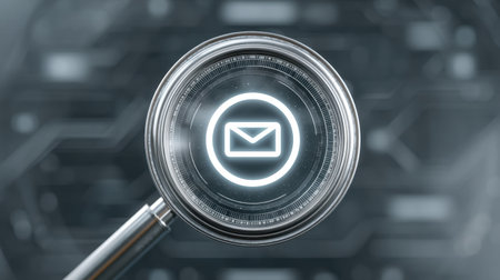 A close up view of a magnifying glass highlighting an email icon against a sleek digital background illustrating themes of technology communication and modern connectivity