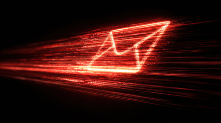 A striking red envelope icon emits light trails symbolizing fast and urgent digital communication in a modern setting