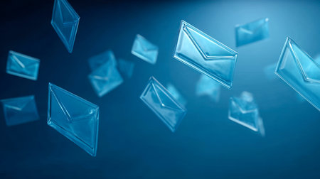 Glowing transparent envelopes drift through a vibrant blue digital realm symbolizing protected messaging and encrypted online exchanges in a modern tech environment Stock Photo