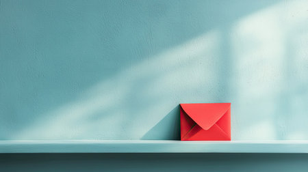 Bright red envelope resting on a light blue table with soft shadows and textured wall background creating a minimalist artistic composition