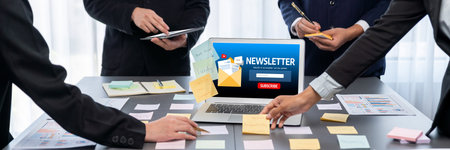 Analyst team use sticky note for creative and analytic brainstorm for business idea with data dashboard on laptop screen analysis financial data visualization tech for marketing strategy