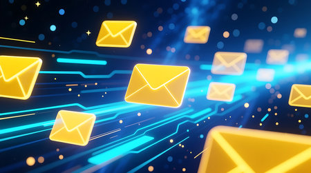 Vibrant golden email envelopes transmit rapidly through a futuristic digital network with bright blue data lines and bokeh effects symbolizing swift online communication