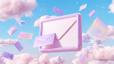 Experience a dreamy landscape featuring colorful envelopes floating among soft clouds in a bright blue sky creating a whimsical and enchanting atmosphere