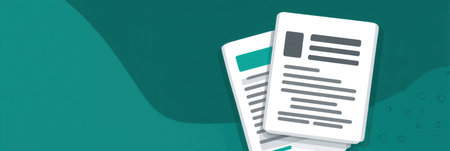 Two documents displayed in a clean modern style with distinct sections set against a smooth teal background suggesting organization Stock Photo