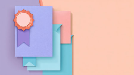 This image showcases a vibrant arrangement of colorful paper layers with a badge perfectly symbolizing achievement and success in creative or educational contexts Stock Photo