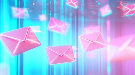 Vibrant digital illustration of floating neon envelopes in pink and blue tones symbolizing modern communication and the rapid exchange of messages in a futuristic setting Stock Photo