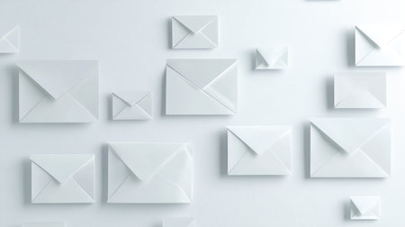 This image features an artistic arrangement of white envelopes on a light gray surface offering a modern minimalist aesthetic ideal for design projects and advertising needs Stock Photo