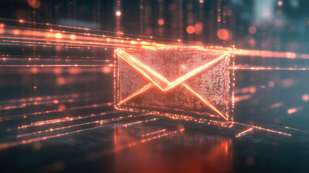 A bright and futuristic digital mail icon designed to symbolize modern communication and connectivity featuring glowing effects and data streams in a high tech setting