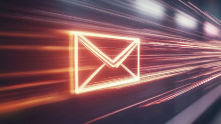 This image features a bright email icon surrounded by dynamic light trails symbolizing modern communication and the speed of digital interaction in a vibrant environment