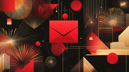 A contemporary chinese new year design with a red envelope surrounded by geometric elements gold accents and abstract fireworks in the background