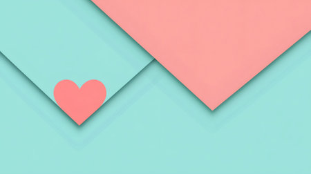 Minimalist design featuring overlapping paper sheets forming an envelope shape revealing a coral heart on a mint green background