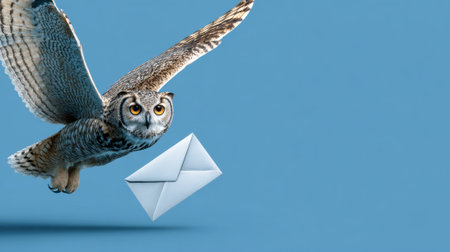 An owl is soaring through the air while carrying an envelope in its beak the background is a solid blue creating a striking visual contrast