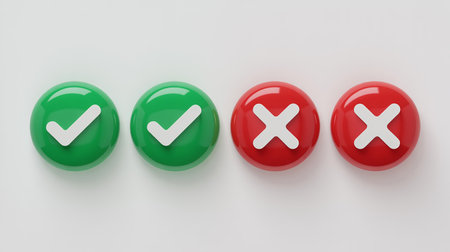 3d rendering of check mark in red and green buttons on white background