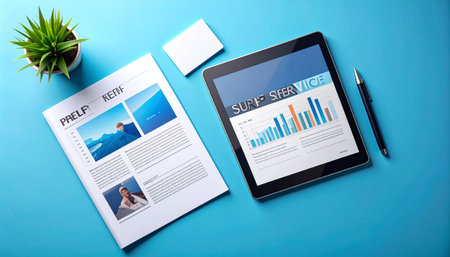 A top down view of a modern professional s desk where digital data analysis meets traditional print media Stock Photo