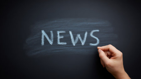 A hand is writing the word news on a chalkboard the chalkboard is black and the hand is writing in blue