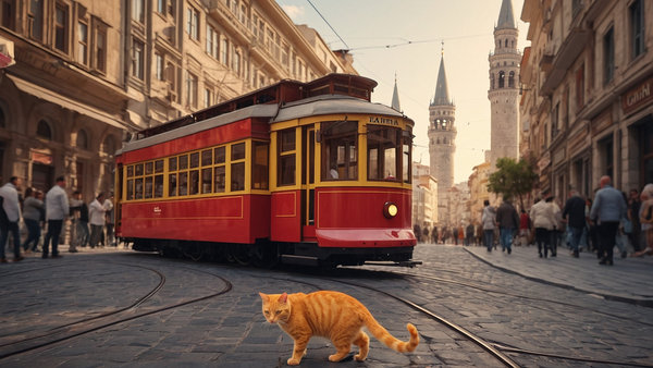 İstiklal caddesinde ön cepheden kırmızı bir tramvay. Arka fonda Galata kulesi. kadrajda sarı bir kedi. 3d render