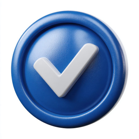 A close up 3d rendered image of a blue circular badge with a prominent white check mark indicating approval or confirmation