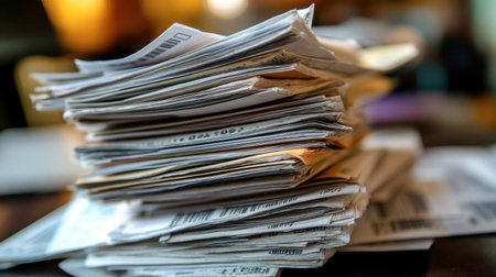A disorganized pile of papers and documents rests on a table representing the chaos of everyday life perfect for illustrating office clutter or the need for organization