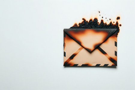 A burnt envelope on a light background space for text
