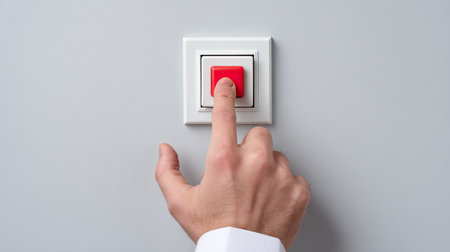 A close up image of a hand pressing a red button on a wall switch illustrating themes of control and urgency in a professional setting ideal for decision making visuals