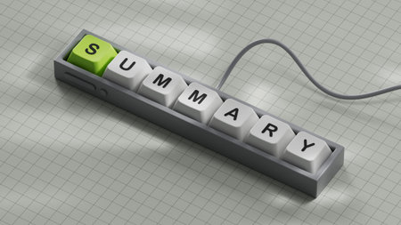 Summary word written on wood computer keyboard keys 3d rendering on white background