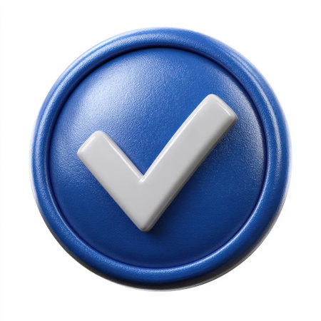 A close up of a textured blue circular badge featuring a prominent white checkmark in the center Stock Photo