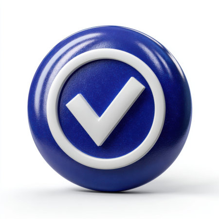 A close up front facing view of a round glossy blue button featuring a prominent white checkmark symbol within a white circle