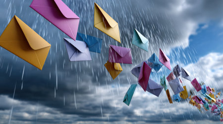 A bunch of colorful envelopes are flying in the rain scene is one of chaos and disorder as the envelopes are scattered and disorganized in the sky