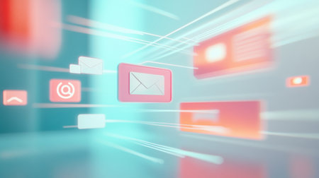 A dynamic 3d vector illustration showcasing connected devices and communication symbols conveying speed and modern technology in a vibrant digital environment Stock Photo