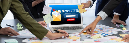 Analyst team use sticky note for creative and analytic brainstorm for business idea with data dashboard on laptop screen analysis financial data visualization tech for marketing strategy