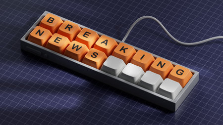 Breaking news symbol computer keyboard keys with words breaking news computer keyboard keys copy space 3d rendering on blue background