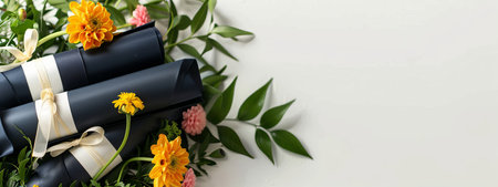 Elegant graduation decor with diplomas and flowers on white background in minimalistic style