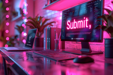 A computer monitor with the word submit on it