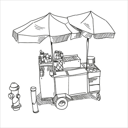 Street food  Hot dog stand hand drawn, vector illustration 