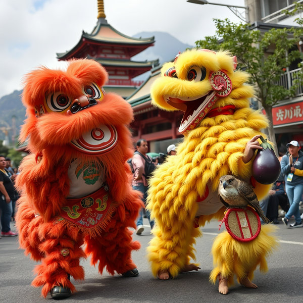 獅子舞と富士山と鷹と茄子と大道芸人
