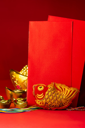 Chinese new year decorations, Auspicious ornaments on red background, Selected Focus, Chinese text mean Blessing word