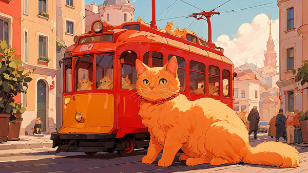 İstiklal caddesinde ön cepheden kırmızı bir tramvay. Arka fonda Galata kulesi. kadrajda sarı bir kedi. 3d render