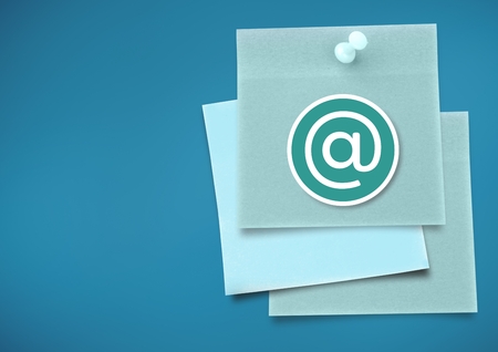 Digital composite of sticky note with at icon against neutral blue background