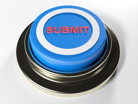 A blue pushbutton with a white circle and the red word submit on its top 3d rendered illustration
